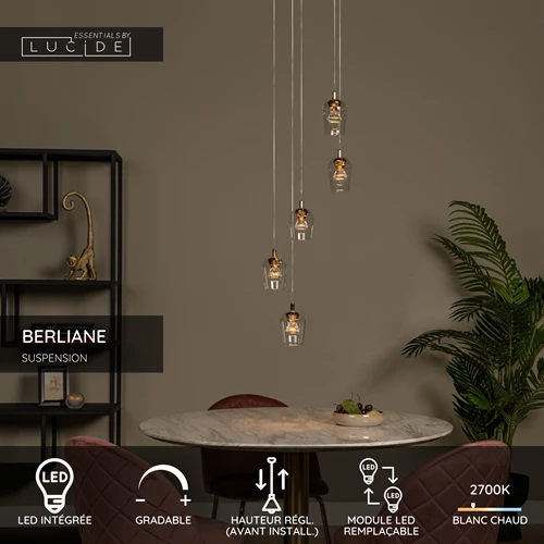 Lucide BERLIANE - Suspension - Ø 34 cm - LED Dim. - 5x4W 2700K - Avec module LED remplaçable - Transparent | Essential - USP